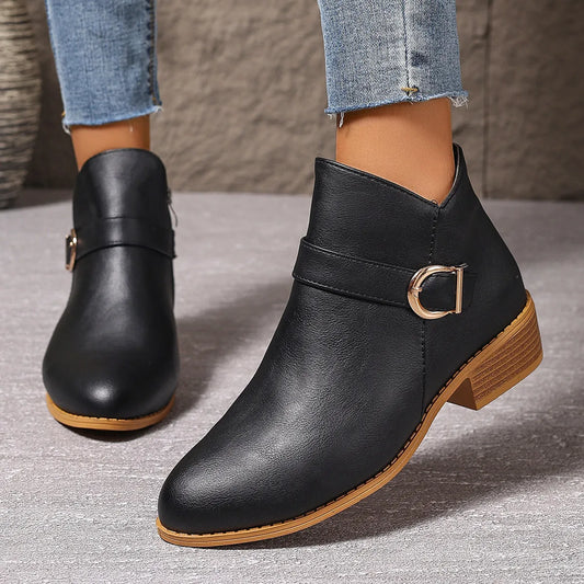 Women’s Comfortable Chunky Heel Leather-Look Ankle Boots
