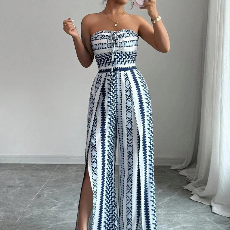 Women's Strapless Geometric Wide-Leg Jumpsuit