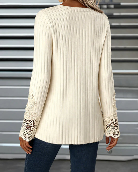 Women’s Ribbed Brushed Lace-Detail Long Sleeve Blouse