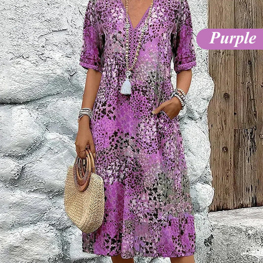 Women's Printed V-Neck Midi Dress