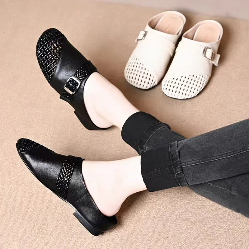 Women’s Braided Leather-Look Closed-Toe Buckle Mules