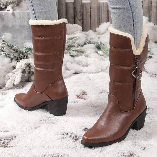 Women’s Warm Lined Mid Calf Boots with Side Zip and Chunky Heel