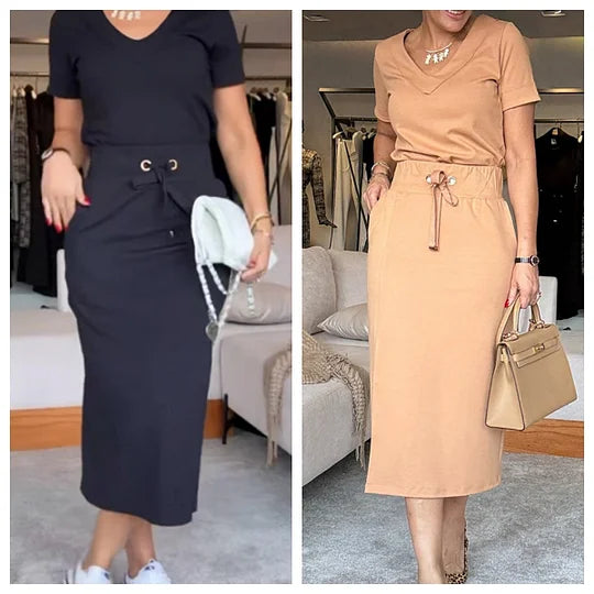 Women’s V-Neck Top and Midi Skirt Two-Piece Set