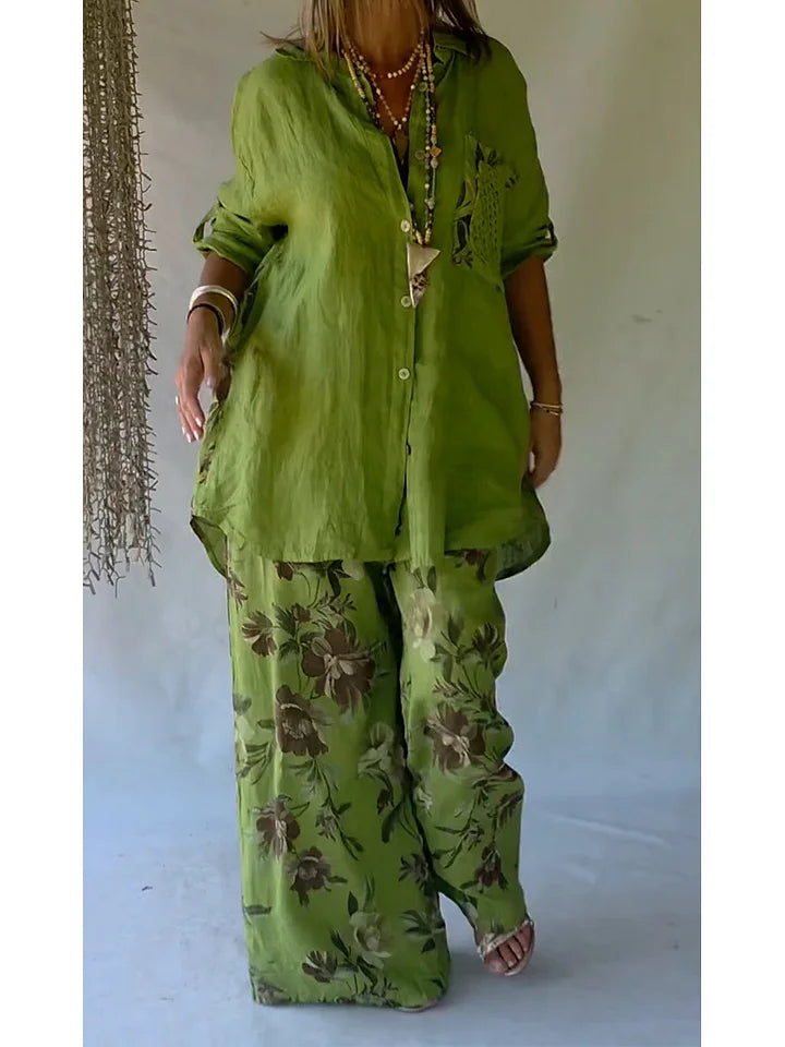 Women’s Casual Floral Linen Cotton Shirt & Trousers Set