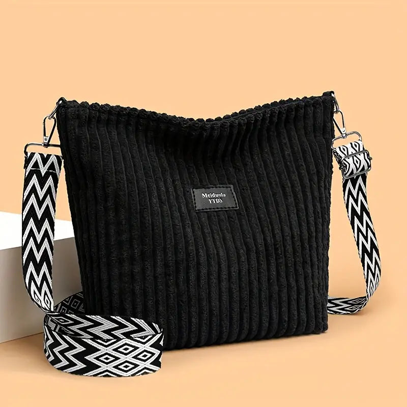 Chic Corduroy Crossbody Bag – Striped, Adjustable Strap, Zip Closure