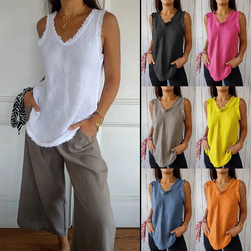 Women’s Cotton Linen V-Neck Raw Edge Sleeveless Top