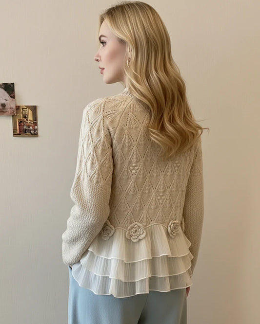 Womenâs Ruffle Trim Knit Sweater with Chiffon Layers