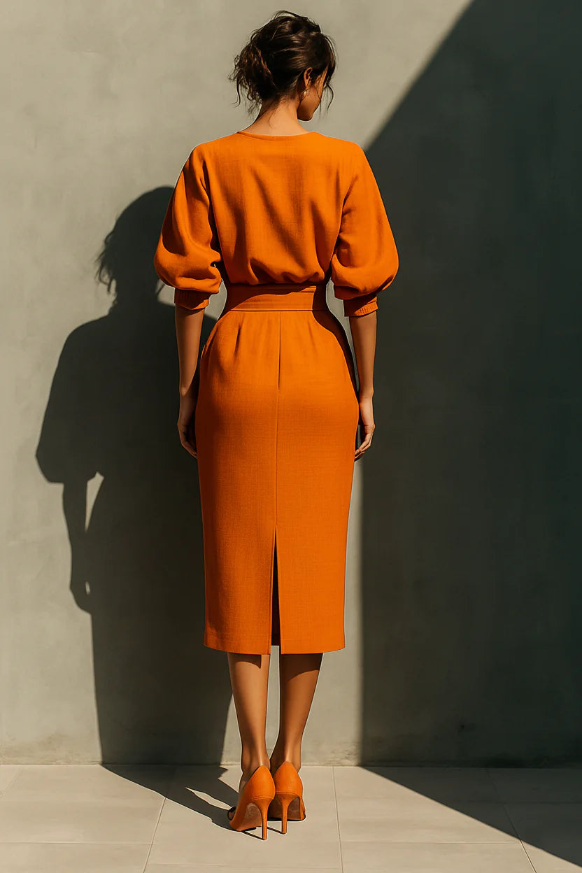 Women’s Bright Orange Puff Sleeve Midi Co-Ord Set