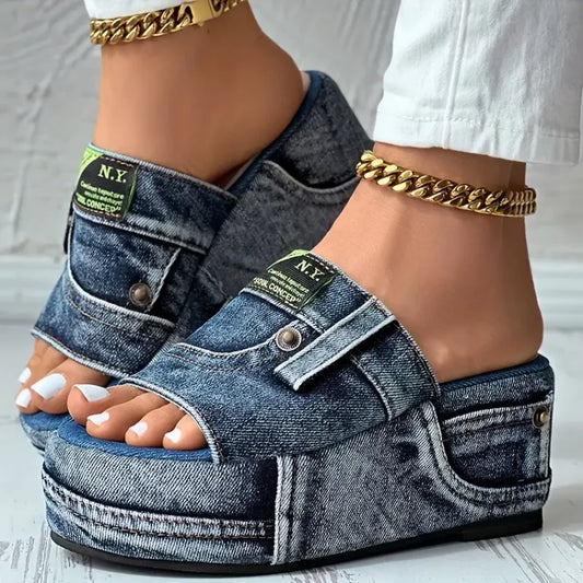Women's Denim Platform Slides, Outdoor Wedge