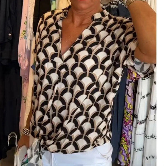 Women’s Printed V-Neck Short Sleeve Casual Blouse