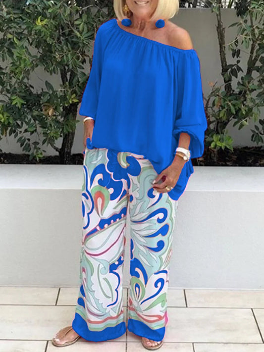 Women's Off-Shoulder Top and Printed Trousers Set