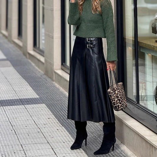 Women’s High-Waist PU Leather Side-Buckle Pleated Midi Skirt