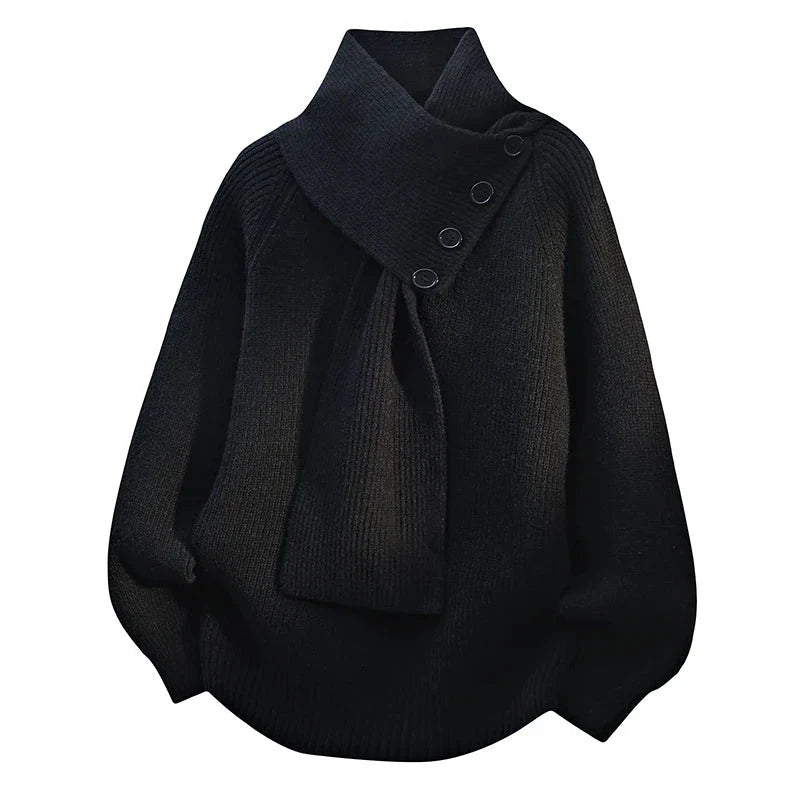 Women’s Buttoned Scarf-Neck Rib-Knit Cosy Sweater