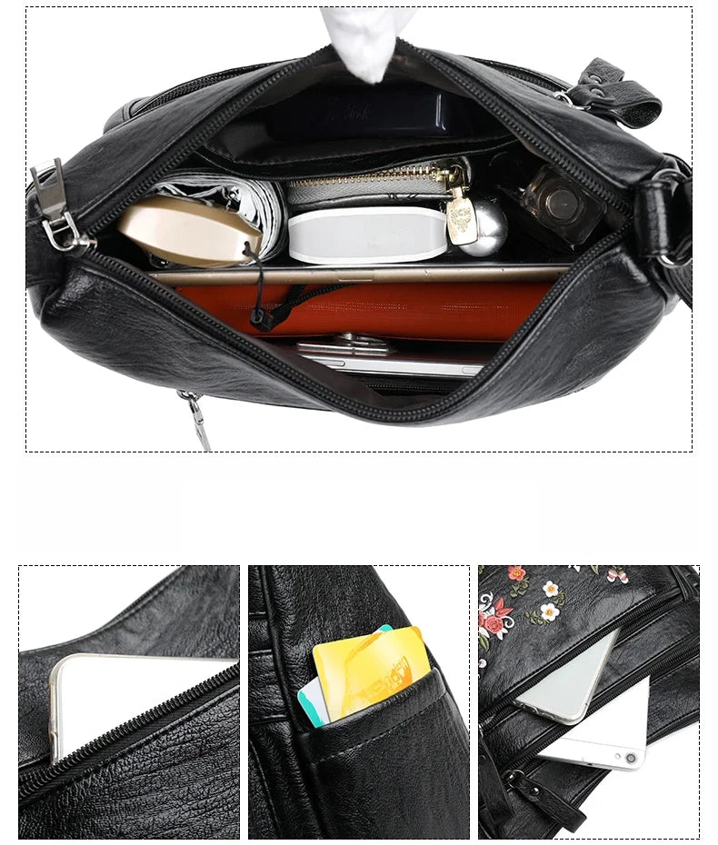Women’s Printed Soft Leather-Look Multi-Pocket Shoulder Bag