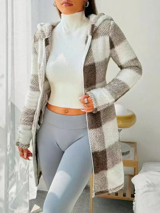 Women’s Long Check Cotton Hooded Zip Jacket