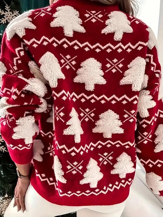 Women's Christmas Tree Knit Pullover - Red Crew Neck Sweater