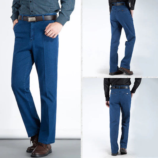 High-waisted, straight-leg stretch jeans for men
