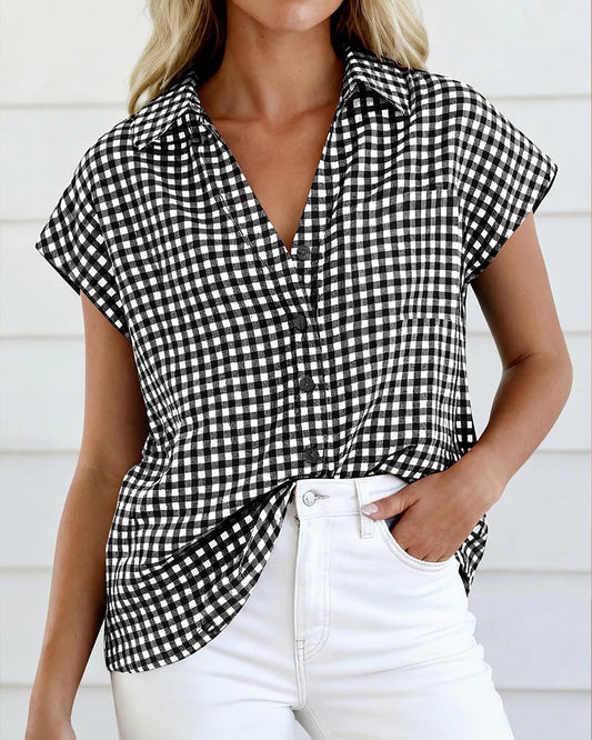 Women's Checked Button-Front Short Sleeve Blouse