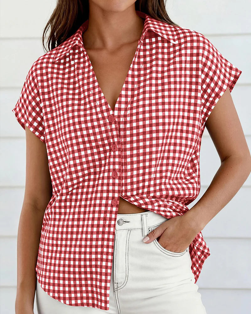 Women's Checked Button-Front Short Sleeve Blouse