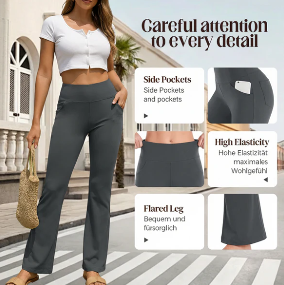 Women’s High Waist Flared Stretch Trousers with Pockets
