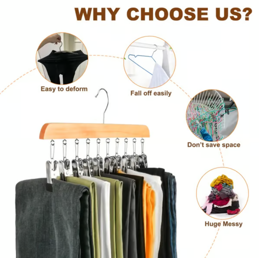Vertical 10-Clip Hanging Wardrobe Organiser