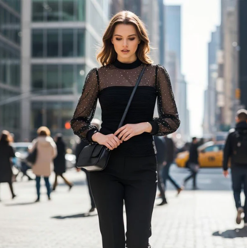Women’s Pearl Mesh Lantern Sleeve Blouse