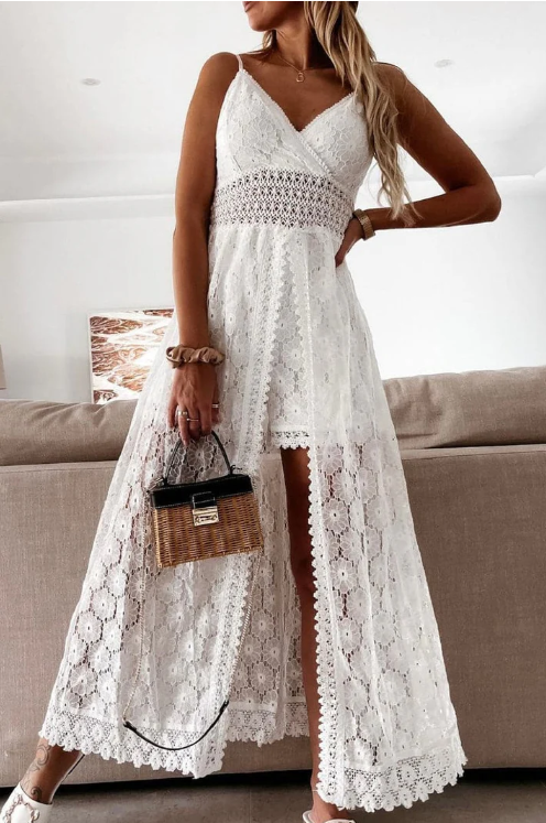 Lace Split Maxi Jumpsuit with Spaghetti Straps