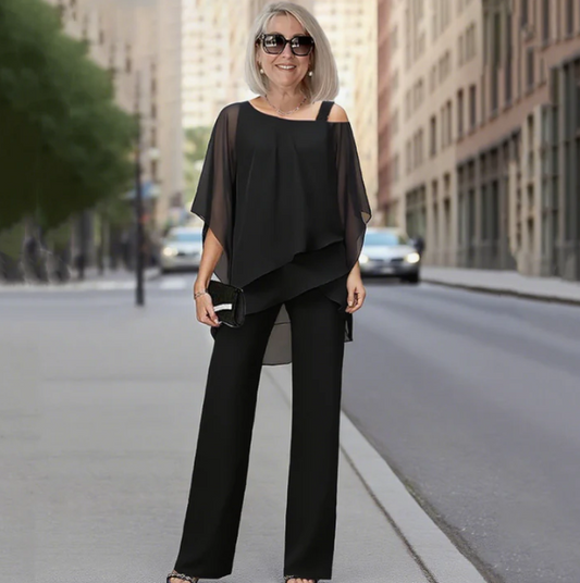 Women’s Asymmetric Chiffon Top & Wide-Leg Trousers Set