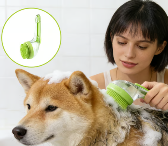 Pet Bath Brush with Shampoo Dispenser & Soft Massage Bristles