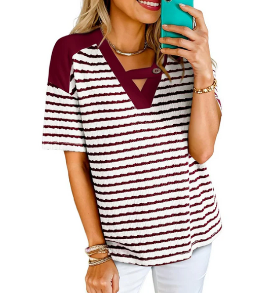 Womne's Striped Cut-Out V-Neck Top