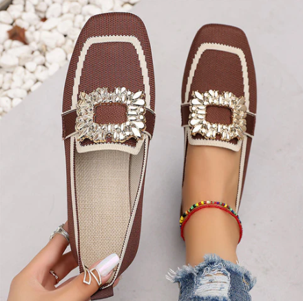 Women's Square-Toe Crystal Buckle Flats