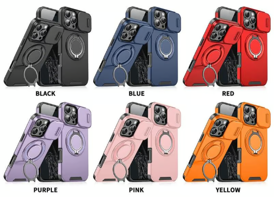 Slide Camera Cover Ring Kickstand Shockproof Case for iPhone 11/12/13/14/15/16/17 Series