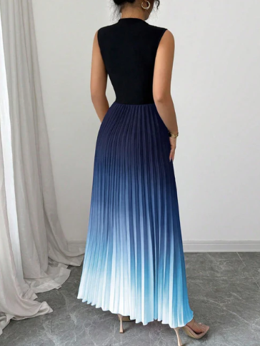 Women’s Gradient Pleated Sleeveless High Neck Maxi Dress