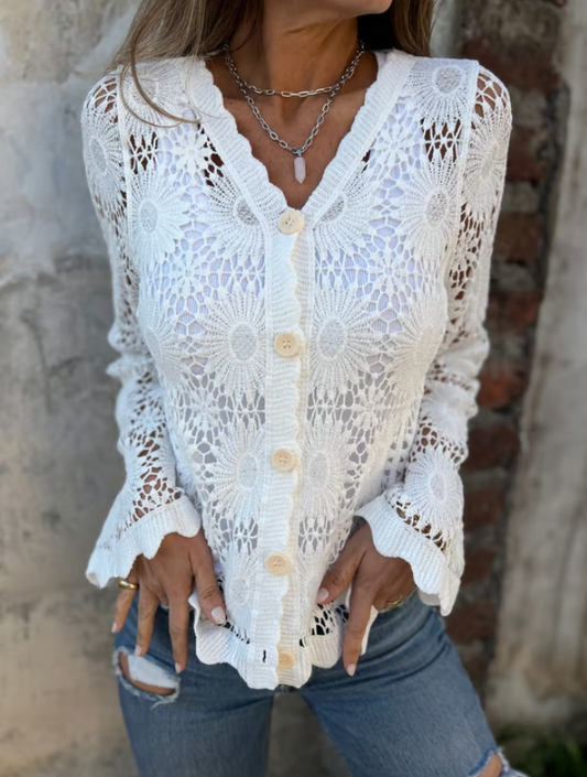 Women’s Embroidered Cutout V-Neck Button Long Sleeve Top
