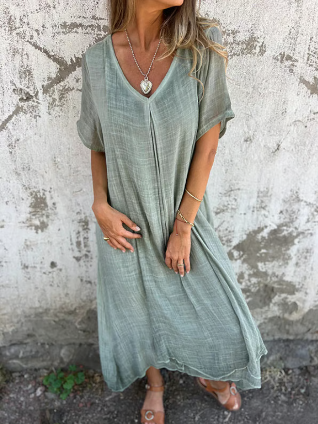 Women’s Breathable Cotton Linen V-Neck Midi Dress