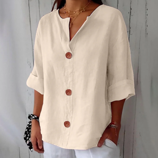 Women’s Breathable Cotton-Linen V-Neck Button Shirt