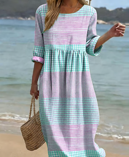 Women’s Relaxed Check Pattern Cotton Linen Midi Dress