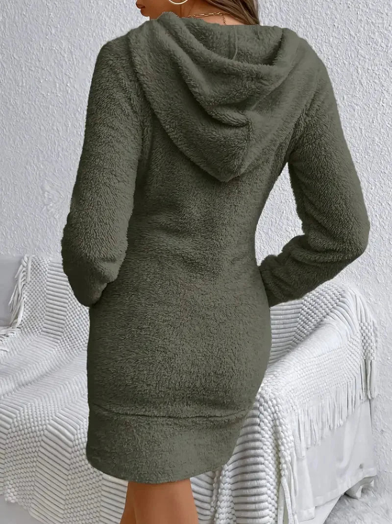 Women’s Plush Hooded Sweatshirt Dress with Kangaroo Pockets