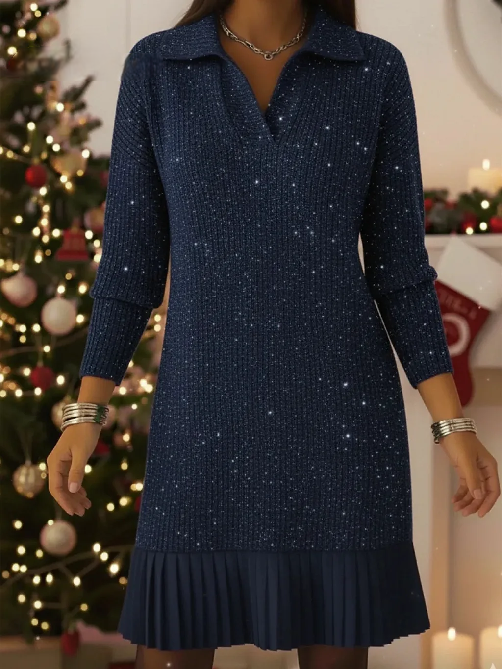 Women’s Shimmer Turtleneck Long Sleeve Knit Dress