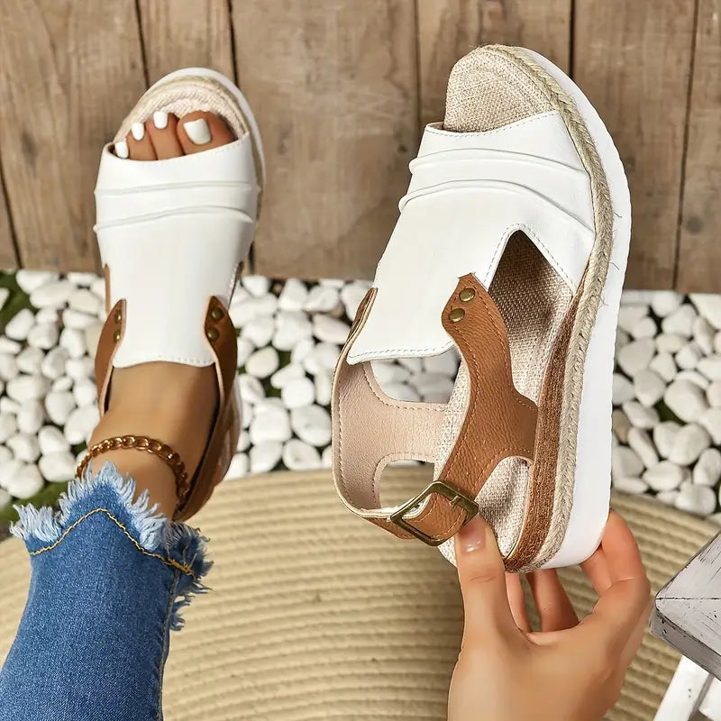 Women's Color Block Casual Sandals, Ankle Buckle Platform Wedges