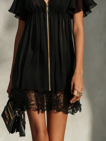 Women’s Lace Trim Zip Front Mini Dress