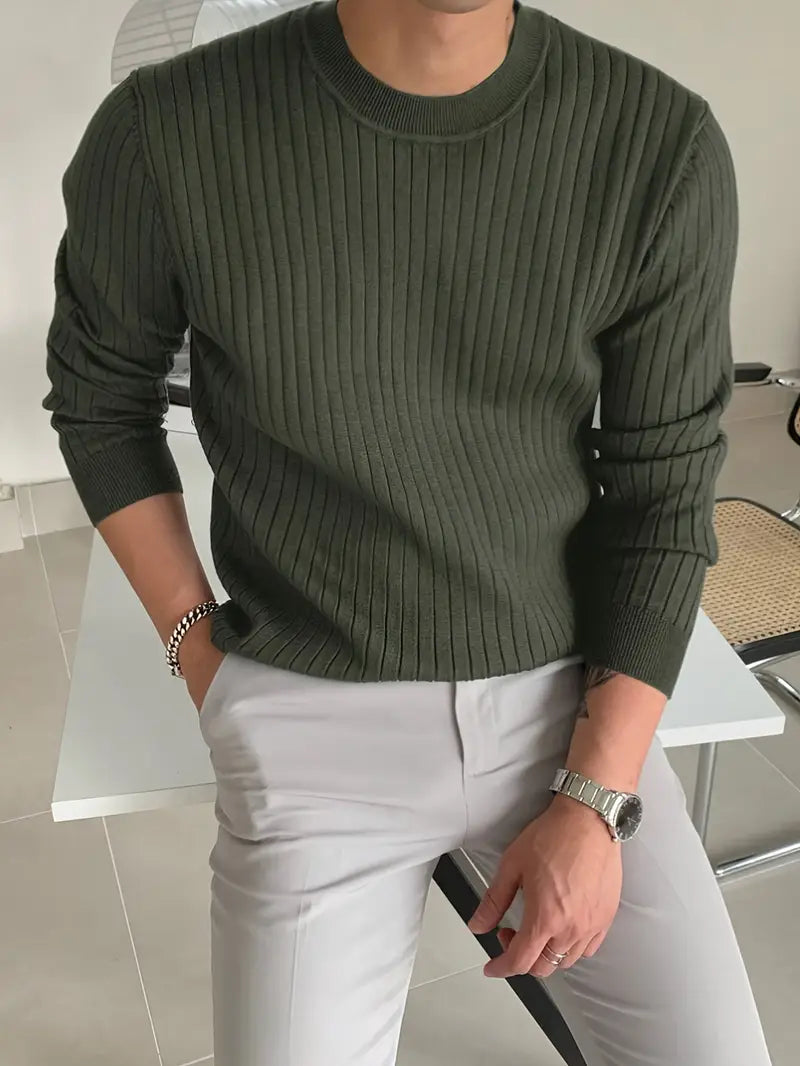 Men's Casual Ribbed Crew Neck Knit Sweater