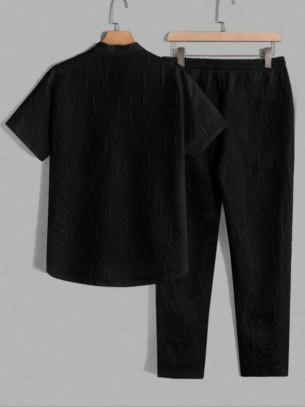 Men’s Embossed Pattern T-Shirt and Drawstring Trouser Set