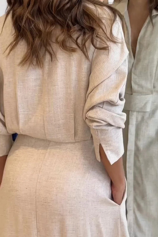 Women’s Natural Linen Blend Button-Front Maxi Dress