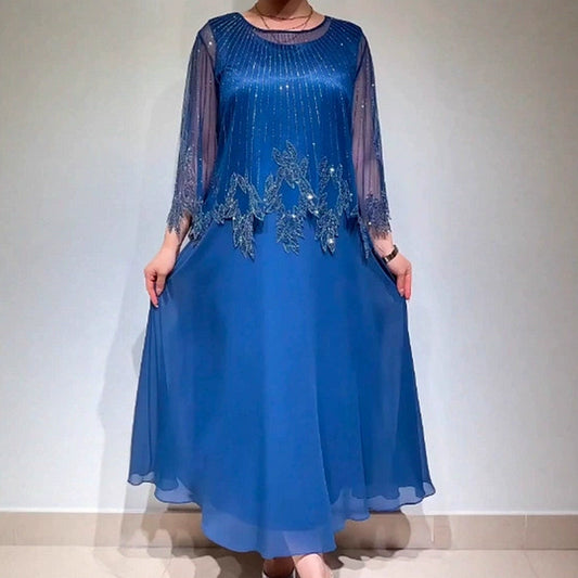Women’s Shimmer Overlay A-Line Midi Dress with Sheer Sleeves