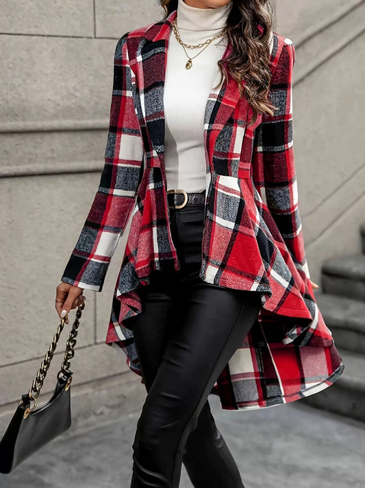 Women’s Plaid Longline Coat with Irregular Hem