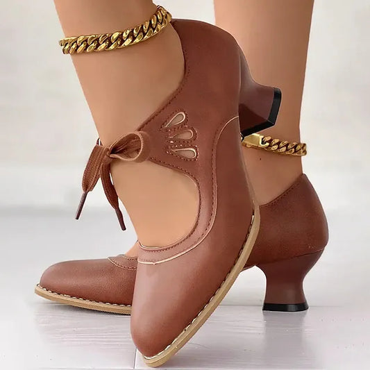 Women's Vintage Lace-Up Leather-Look Heels