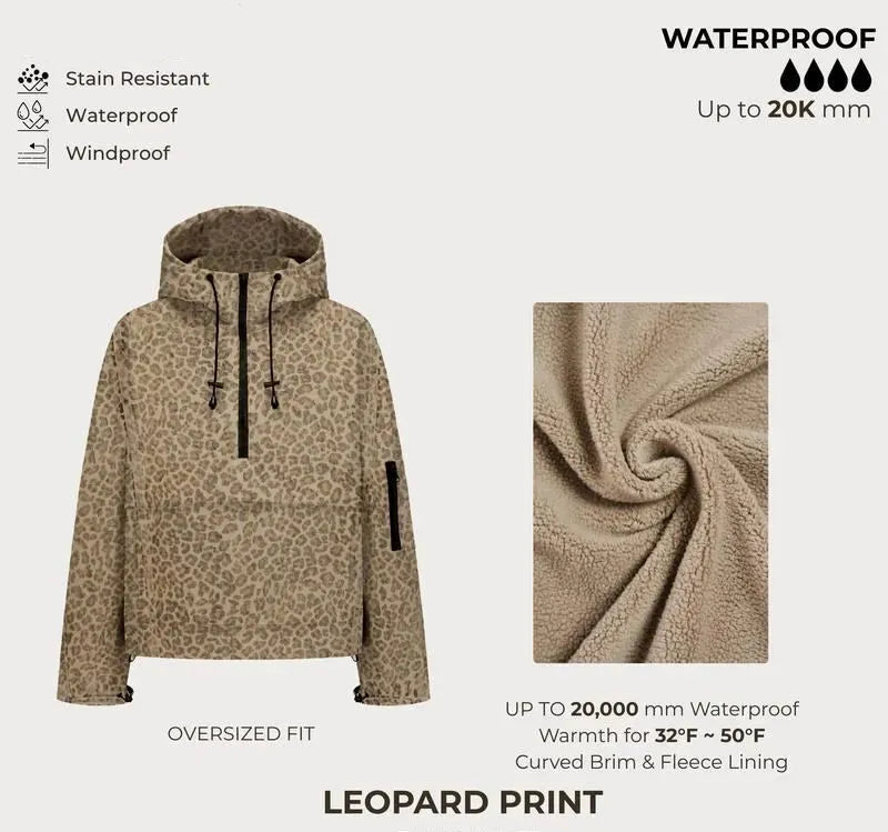 Women’s Fleece-Lined Waterproof Half-Zip Rain Jacket with Kangaroo Pocket