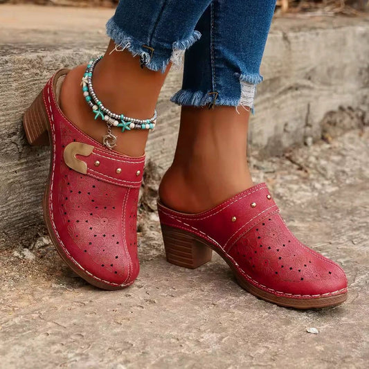 Women’s Vintage Perforated Leather-Look Mules – Summer Slip-On Heeled Clogs