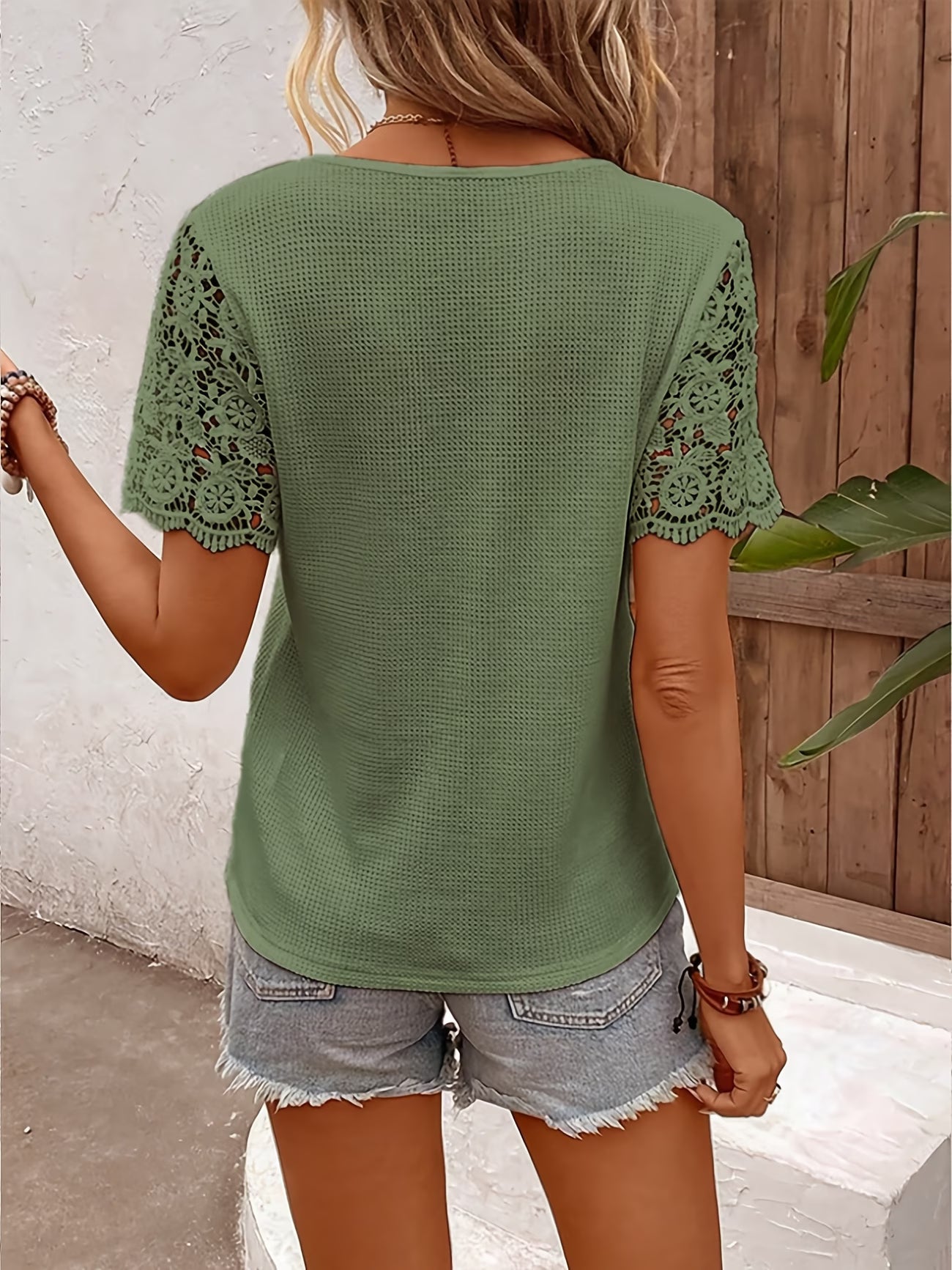 Women's Lace-Trim V-Neck Short-Sleeve Top
